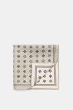 Brunello Cucinelli Silk pocket square sage/sand patterned, top-down view showing medallion pattern, rolled edges, pure silk, 35x35 cm.