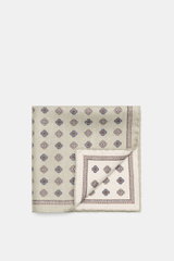 Brunello Cucinelli Silk pocket square sage/sand patterned, top-down view showing medallion pattern, rolled edges, pure silk, 35x35 cm.