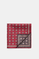 Brunello Cucinelli Silk pocket square dark red/dark grey patterned, folded and viewed from above, showing subtle medallion design, rolled edges, pure silk, smooth feel, made in Italy, approx. 35 cm x 35 cm. Noble accent: The silk pocket square by BRUNELLO