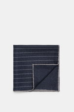Brunello Cucinelli Silk pocket square navy/grey striped, folded showing front and back, photographed from above. Timeless refinement for sophisticated looks: The silk pocket square by BRUNELLO CUCINELLI features an elegant striped pattern and adds a refin