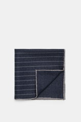 Brunello Cucinelli Silk pocket square navy/grey striped, folded showing front and back, photographed from above. Timeless refinement for sophisticated looks: The silk pocket square by BRUNELLO CUCINELLI features an elegant striped pattern and adds a refin