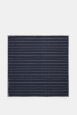 Brunello Cucinelli Silk pocket square navy/grey striped shown from above, pure silk with smooth feel, rolled edges, 35x35 cm, Italy.