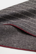 Brunello Cucinelli Silk pocket square dark grey/light grey/burgundy striped, close-up angled view showing smooth silk, rolled edges, and classic stripes. Timeless refinement for sophisticated looks: The silk pocket square by BRUNELLO CUCINELLI features an