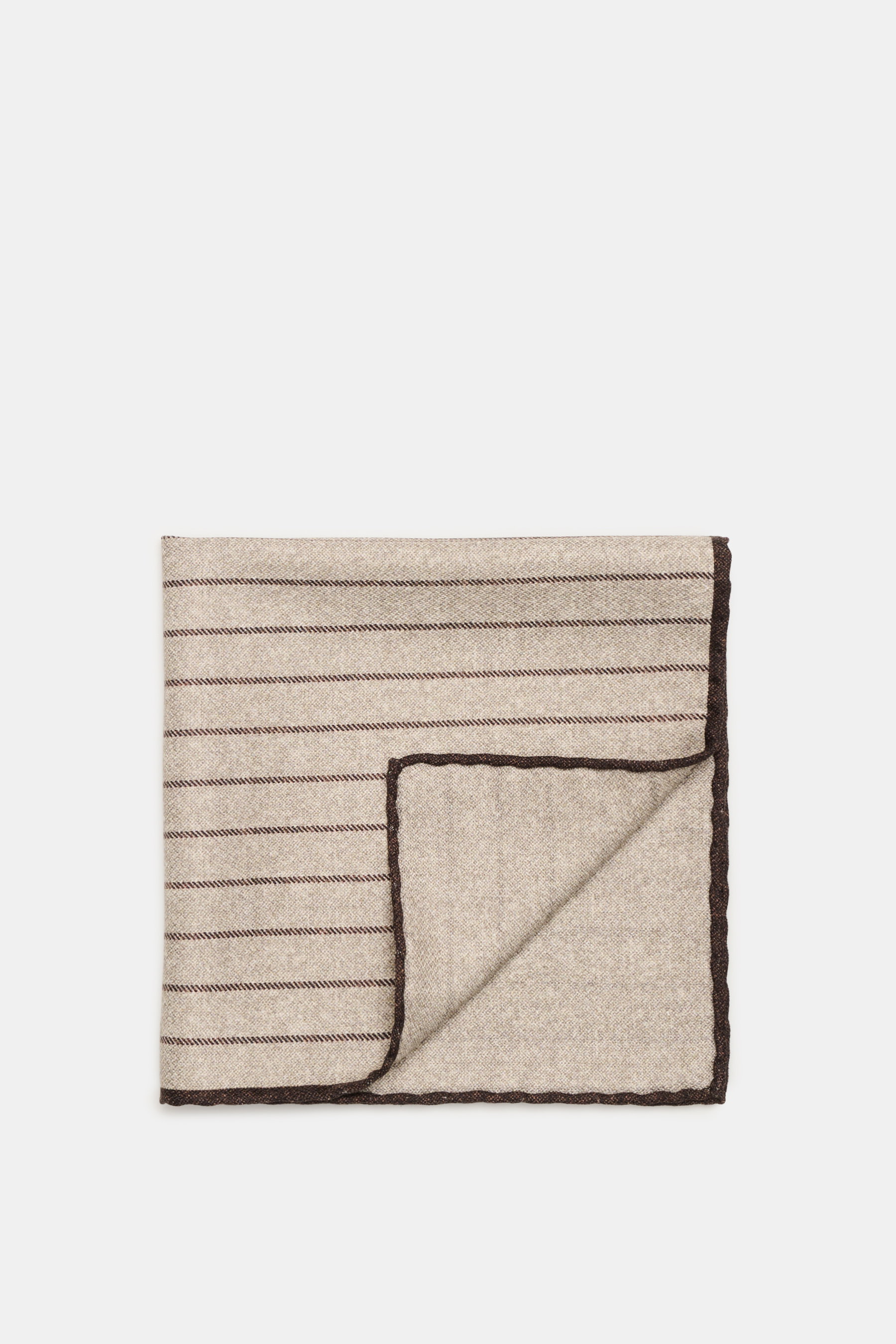 Brunello Cucinelli Silk pocket square beige/dark brown striped, folded flat, top-down view, elegant stripes, rolled edges, pure silk.