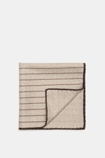 Brunello Cucinelli Silk pocket square beige/dark brown striped, folded flat, top-down view, elegant stripes, rolled edges, pure silk.