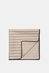 Brunello Cucinelli Silk pocket square beige/dark brown striped, folded flat, top-down view, elegant stripes, rolled edges, pure silk.