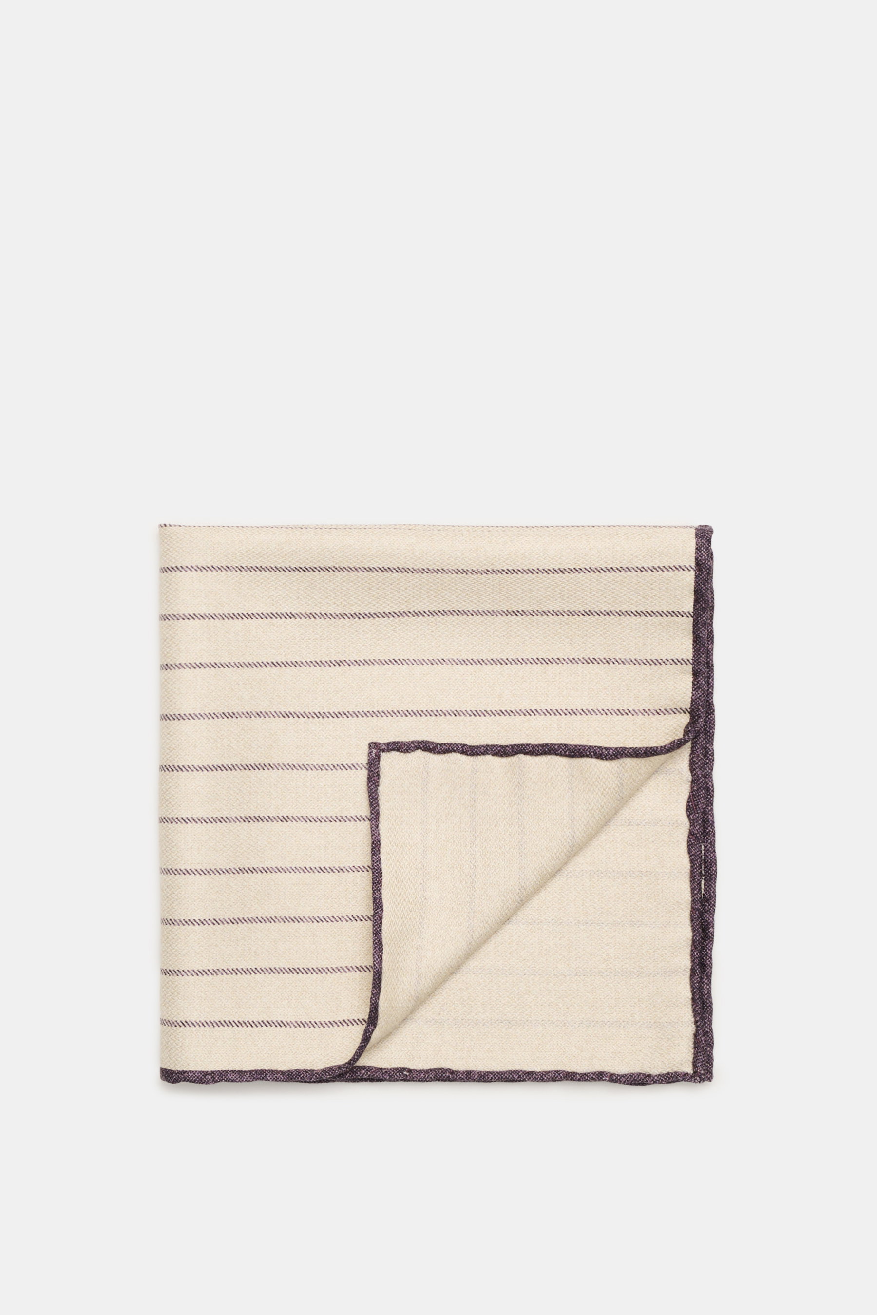 Brunello Cucinelli Silk pocket square sand/dark violet striped, folded with visible rolled edges, classic striped pattern, photographed from above.