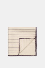 Brunello Cucinelli Silk pocket square sand/dark violet striped, folded with visible rolled edges, classic striped pattern, photographed from above.