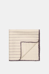 Brunello Cucinelli Silk pocket square sand/dark violet striped, folded with visible rolled edges, classic striped pattern, photographed from above.