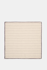 Brunello Cucinelli Silk pocket square sand/dark violet striped, photographed flat from above, showing smooth pure silk with rolled edges and classic stripes. Timeless refinement for sophisticated looks: The silk pocket square by BRUNELLO CUCINELLI feature