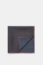 Brunello Cucinelli Silk pocket square navy/dark violet pattern shown from top front view, pure silk, smooth feel, graphic micro print, rolled edges, Made in Italy, approx. 35 cm x 35 cm.