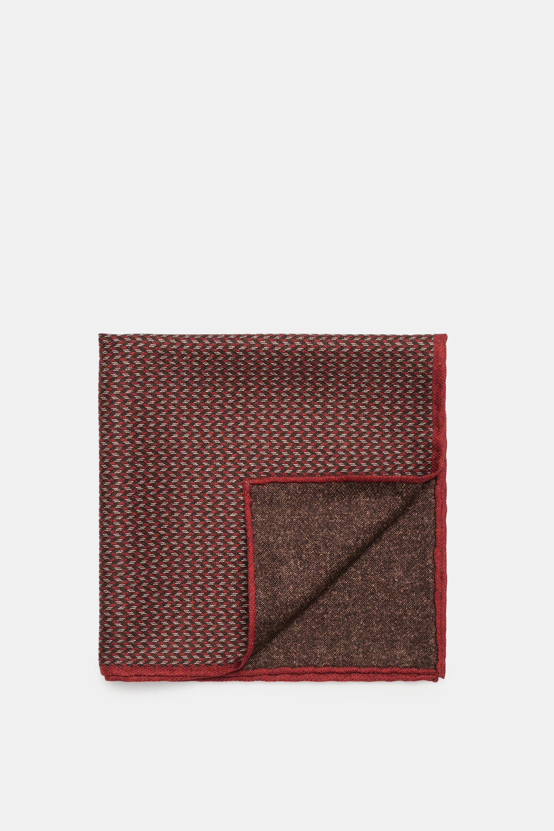 Brunello Cucinelli Silk pocket square reddish brown/dark brown pattern shown from top front, pure silk, smooth feel, graphic micro print, rolled edges, Made in Italy, approx. 35 cm x 35 cm.