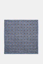 Brunello Cucinelli Silk Pocket Square grey blue/brown patterned, top-down view showing medallion pattern, rolled edges, pure silk, 35x35 cm. 

Noble accent: The silk pocket square by BRUNELLO CUCINELLI features a subtle medallion pattern that adds a discr