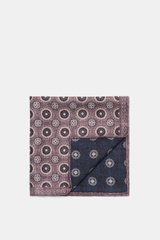 Brunello Cucinelli Silk Pocket Square purple/navy patterned shown from above, folded to reveal medallion pattern and rolled edges. Noble accent: The silk pocket square by BRUNELLO CUCINELLI features a subtle medallion pattern that adds a discreet highligh