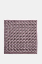 Brunello Cucinelli Silk Pocket Square purple/navy patterned, top-down view of pure silk with smooth feel, medallion pattern, rolled edges, 35x35cm, Made in Italy.