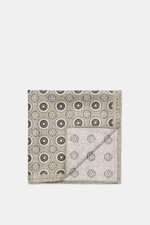 Brunello Cucinelli Silk Pocket Square grey sage/light grey patterned, folded with medallion design, viewed from above, pure silk, smooth feel, rolled edges, Made in Italy.