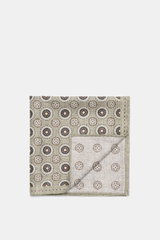 Brunello Cucinelli Silk Pocket Square grey sage/light grey patterned, folded with medallion design, viewed from above, pure silk, smooth feel, rolled edges, Made in Italy.