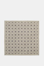 Brunello Cucinelli Silk Pocket Square grey sage/light grey patterned, top-down view showing medallion pattern, pure silk, rolled edges.