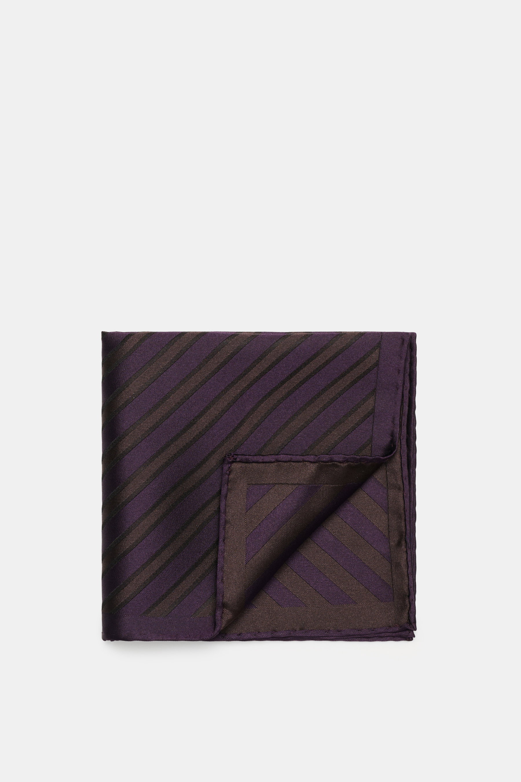 Brunello Cucinelli Silk Pocket Square Dark Violet/Brown Striped folded with corner flipped, diagonal striped pattern, smooth pure silk, rolled edges, made in Italy, approx. 34x34 cm, photographed from above. 

Subtle elegance for stylish appearances: With