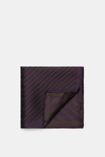 Brunello Cucinelli Silk Pocket Square Dark Violet/Brown Striped folded with corner flipped, diagonal striped pattern, smooth pure silk, rolled edges, made in Italy, approx. 34x34 cm, photographed from above. 

Subtle elegance for stylish appearances: With