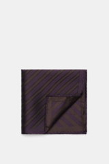 Brunello Cucinelli Silk Pocket Square Dark Violet/Brown Striped folded with corner flipped, diagonal striped pattern, smooth pure silk, rolled edges, made in Italy, approx. 34x34 cm, photographed from above. 

Subtle elegance for stylish appearances: With