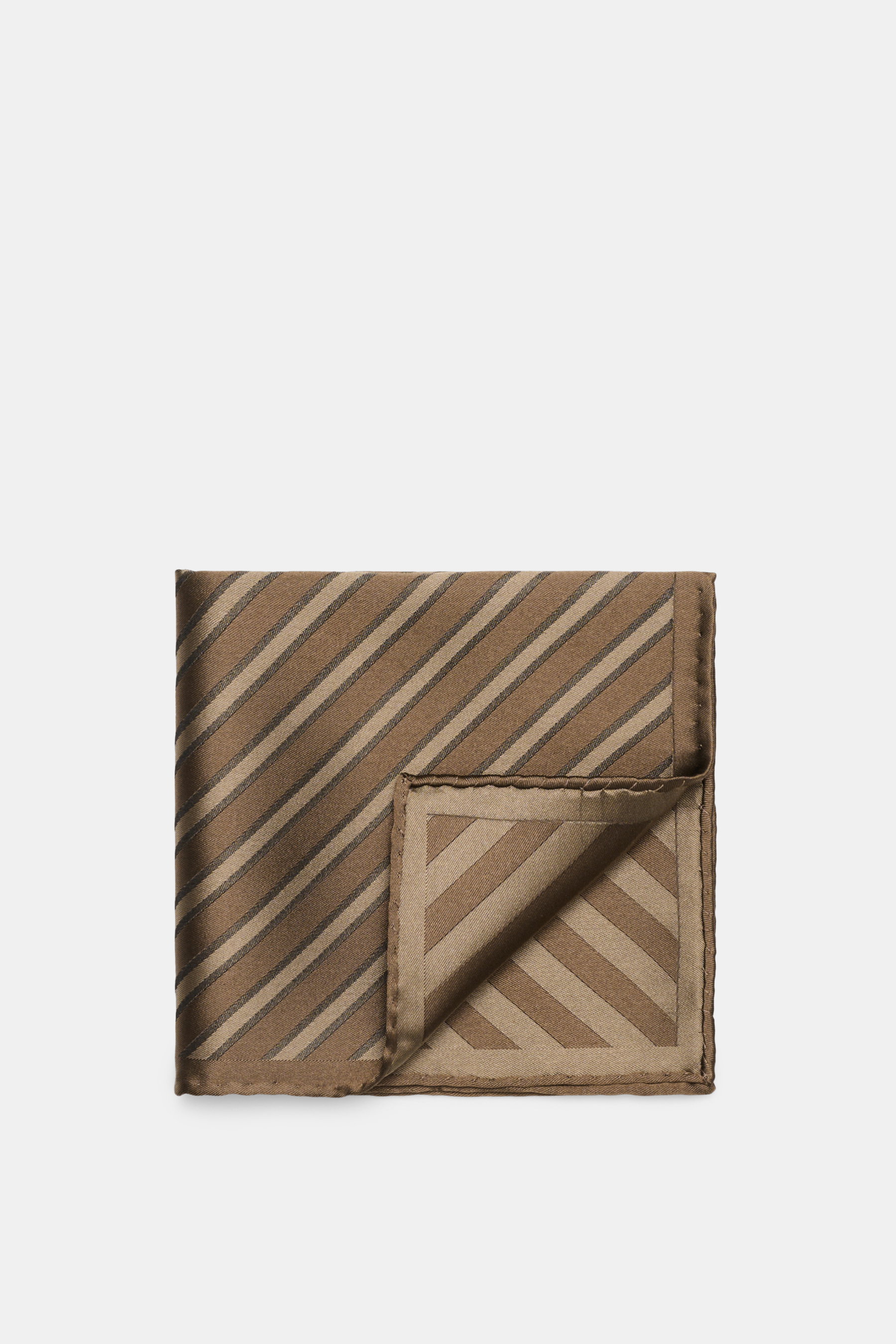 Brunello Cucinelli Silk Pocket Square grey brown/brown striped, folded with corner turned, diagonal striped pattern, smooth silk, rolled edges, top-down view. 

<p>Subtle elegance for stylish appearances: With this noble pocket square in a subdued striped