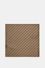 Brunello Cucinelli Silk Pocket Square grey brown/brown striped, top-down view, pure silk with smooth feel, diagonal stripes, rolled edges, 34x34 cm, made in Italy.