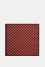 Brunello Cucinelli Silk Pocket Square grey brown/brown striped, top-down view showing diagonal stripes, rolled edges, smooth pure silk fabric.