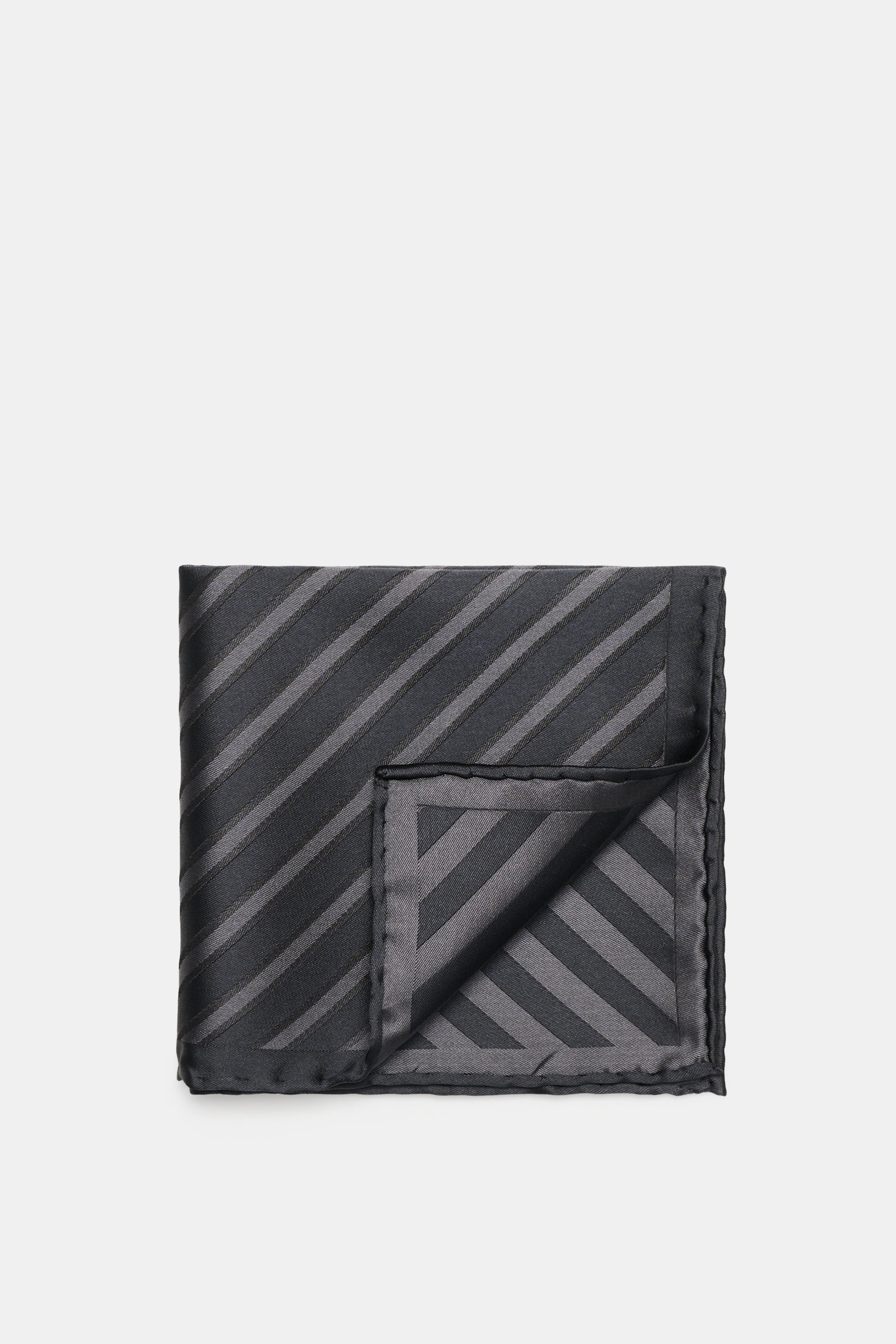 Folded Brunello Cucinelli Silk Pocket Square grey brown/brown striped shown from top-down, featuring diagonal stripes and rolled edges.

Description: <p>Subtle elegance for stylish appearances: With this noble pocket square in a subdued striped pattern, B