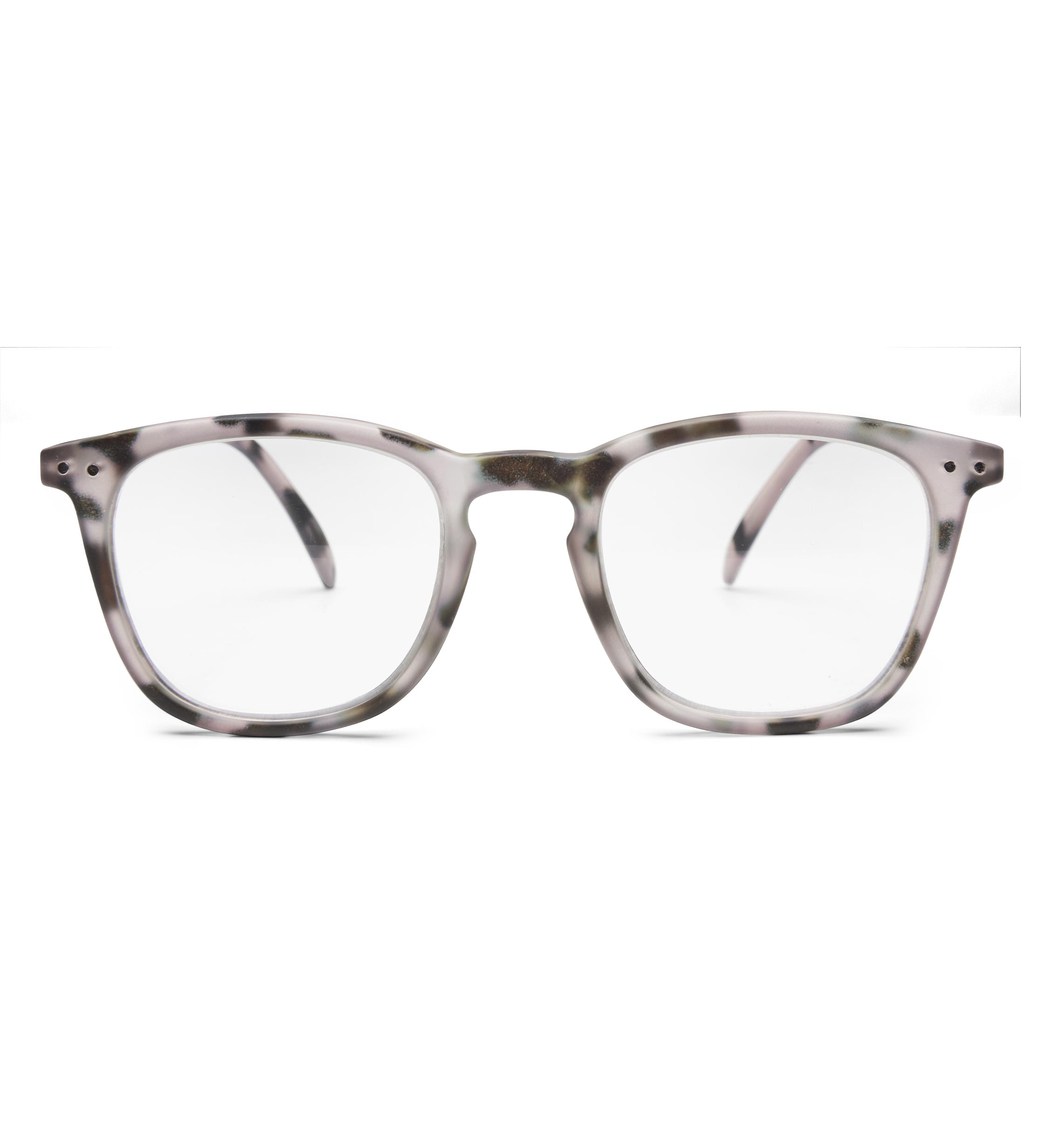 Izipizi Lesebrille '#E' grau/schwarz gemustert, frontale Nahaufnahme, leicht eckige Form, Soft Touch-Rahmen, Kunststoffgläser, Filzetui inklusive.