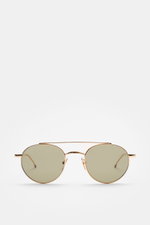 Thom Browne Sonnenbrille gold, runde Form mit filigranem Metallrahmen, Tricolore-Detail am Bügel, getönte Gläser, Frontansicht, 100% UV-Schutz.