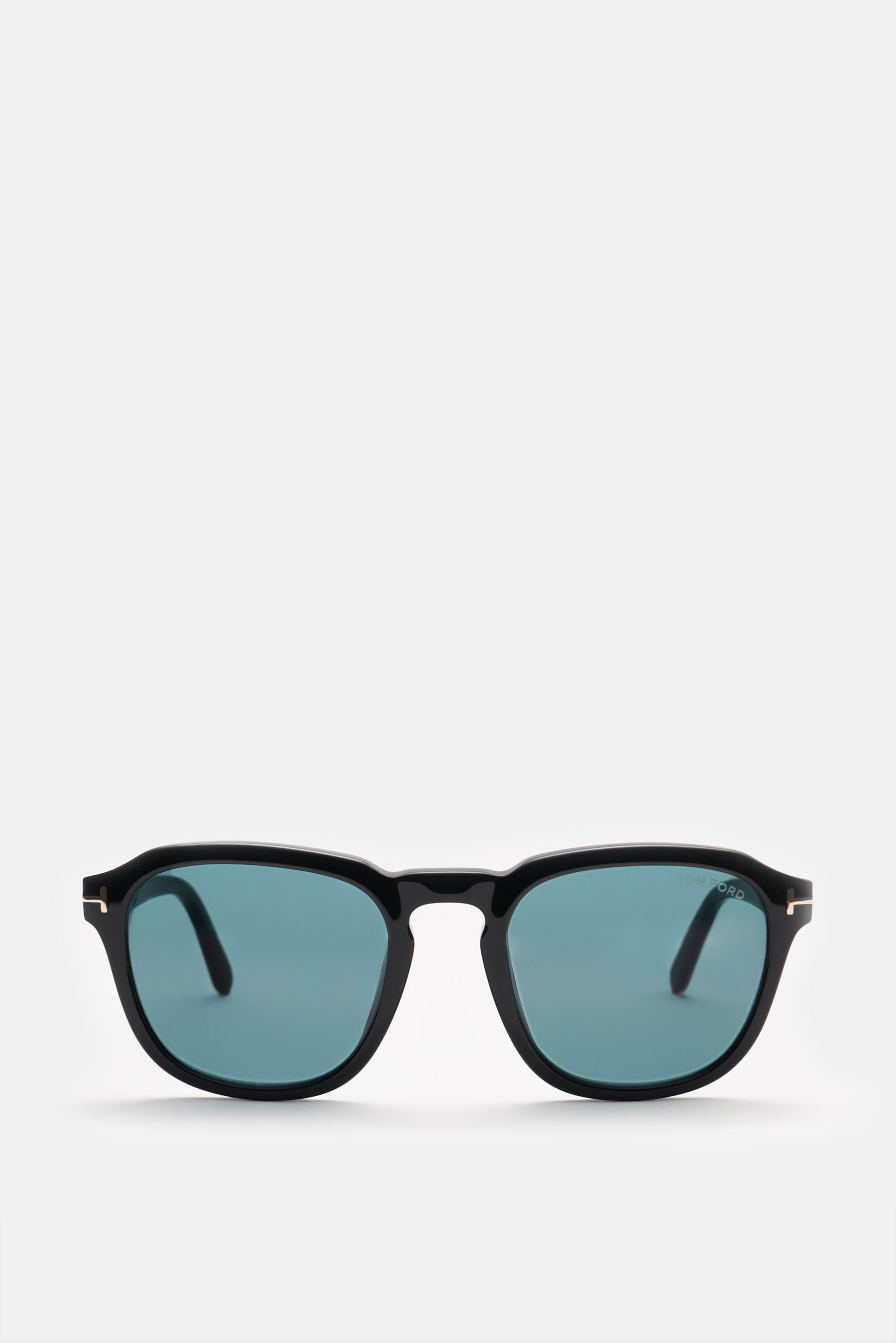 Tom Ford Sonnenbrille 'Avery' schwarz/rauchblau, eckig, Acetat-Rahmen, getönte Kunststoffgläser, 100% UV, frontal fotografiert, 14,5 cm breit.