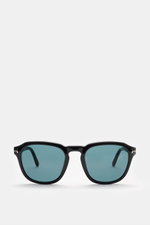 Tom Ford Sonnenbrille 'Avery' schwarz/rauchblau, eckig, Acetat-Rahmen, getönte Kunststoffgläser, 100% UV, frontal fotografiert, 14,5 cm breit.