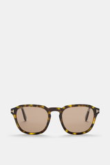 Tom Ford Sonnenbrille 'Avery' grün/dunkelbraun gemustert, eckig, Acetatrahmen, polarisierte Gläser, UV-Schutz, frontal fotografiert.
