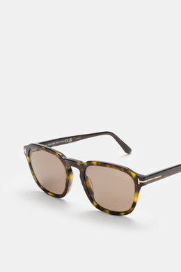 Tom Ford Sonnenbrille 'Avery' grün/dunkelbraun gemustert, eckig, Acetatrahmen, polarisierte Kunststoffgläser, seitliche Nahaufnahme.