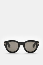 Tom Ford Sonnenbrille 'Lucinda' schwarz, frontal fotografiert, gerundete Silhouette, Acetat-Rahmen, getönte Kunststoffgläser, UV-Schutz, mit Samt-Etui.