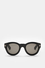 Tom Ford Sonnenbrille 'Lucinda' schwarz, frontal fotografiert, gerundete Silhouette, Acetat-Rahmen, getönte Kunststoffgläser, UV-Schutz, mit Samt-Etui.