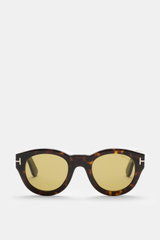 Tom Ford Sonnenbrille 'Lucinda' dunkelbraun meliert, gerundete Silhouette, Kunststoffgläser, Acetat-Rahmen, frontal fotografiert, inkl. Etui.