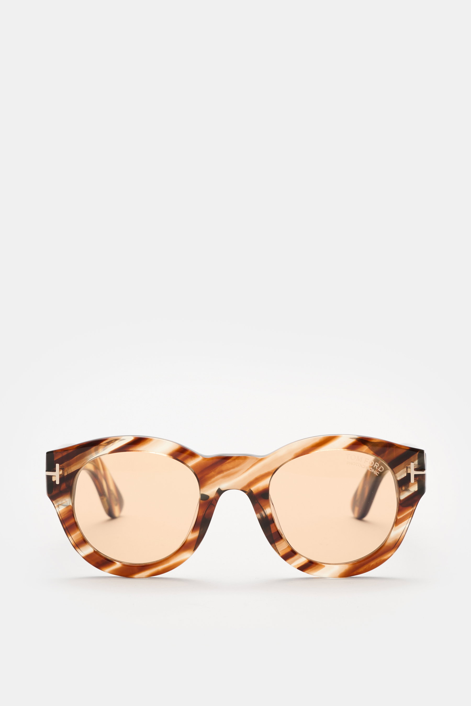 Tom Ford Sonnenbrille "Lucinda" braun/hellbraun gemustert, frontal, gerundete Silhouette, photochrome Gläser, Acetat-Rahmen, UV-Schutz, Etui.