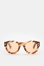 Tom Ford Sonnenbrille "Lucinda" braun/hellbraun gemustert, frontal, gerundete Silhouette, photochrome Gläser, Acetat-Rahmen, UV-Schutz, Etui.