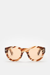 Tom Ford Sonnenbrille "Lucinda" braun/hellbraun gemustert, frontal, gerundete Silhouette, photochrome Gläser, Acetat-Rahmen, UV-Schutz, Etui.