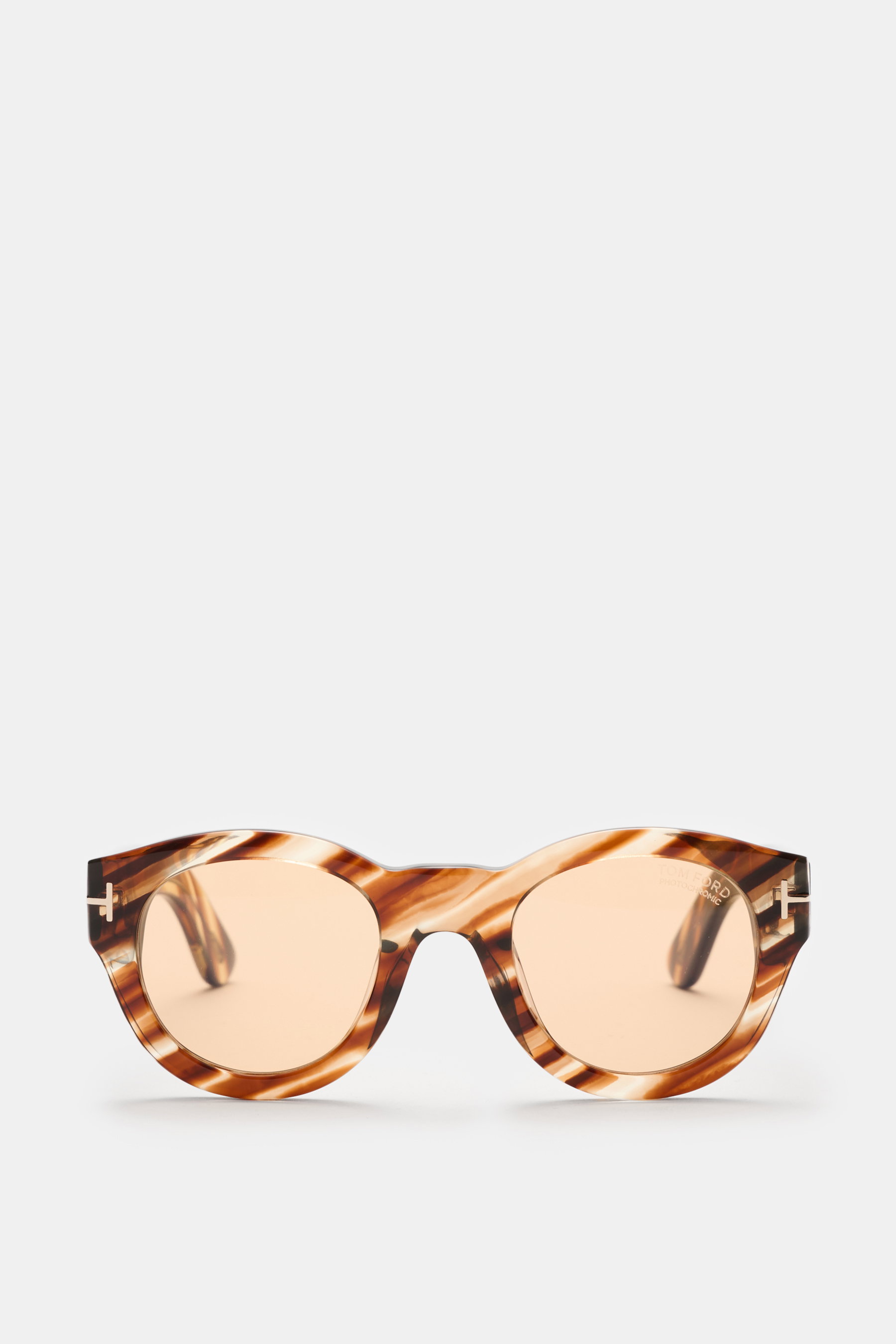 Tom Ford Sonnenbrille 'Lucinda' braun/hellbraun gemustert, gerundete Silhouette, photochrome Kunststoffgläser, Acetat-Rahmen, frontal fotografiert, 100% UV-Schutz, Filterkategorie 3, inkl. Samt-Hartschalenetui.