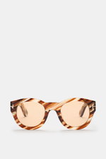 Tom Ford Sonnenbrille 'Lucinda' braun/hellbraun gemustert, gerundete Silhouette, photochrome Kunststoffgläser, Acetat-Rahmen, frontal fotografiert, 100% UV-Schutz, Filterkategorie 3, inkl. Samt-Hartschalenetui.