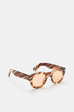 Tom Ford Sonnenbrille 'Lucinda' braun/hellbraun gemustert, gerundete Silhouette, photochrome Kunststoffgläser, Acetat-Rahmen, 100% UV-Schutz, von oben schräg fotografiert.