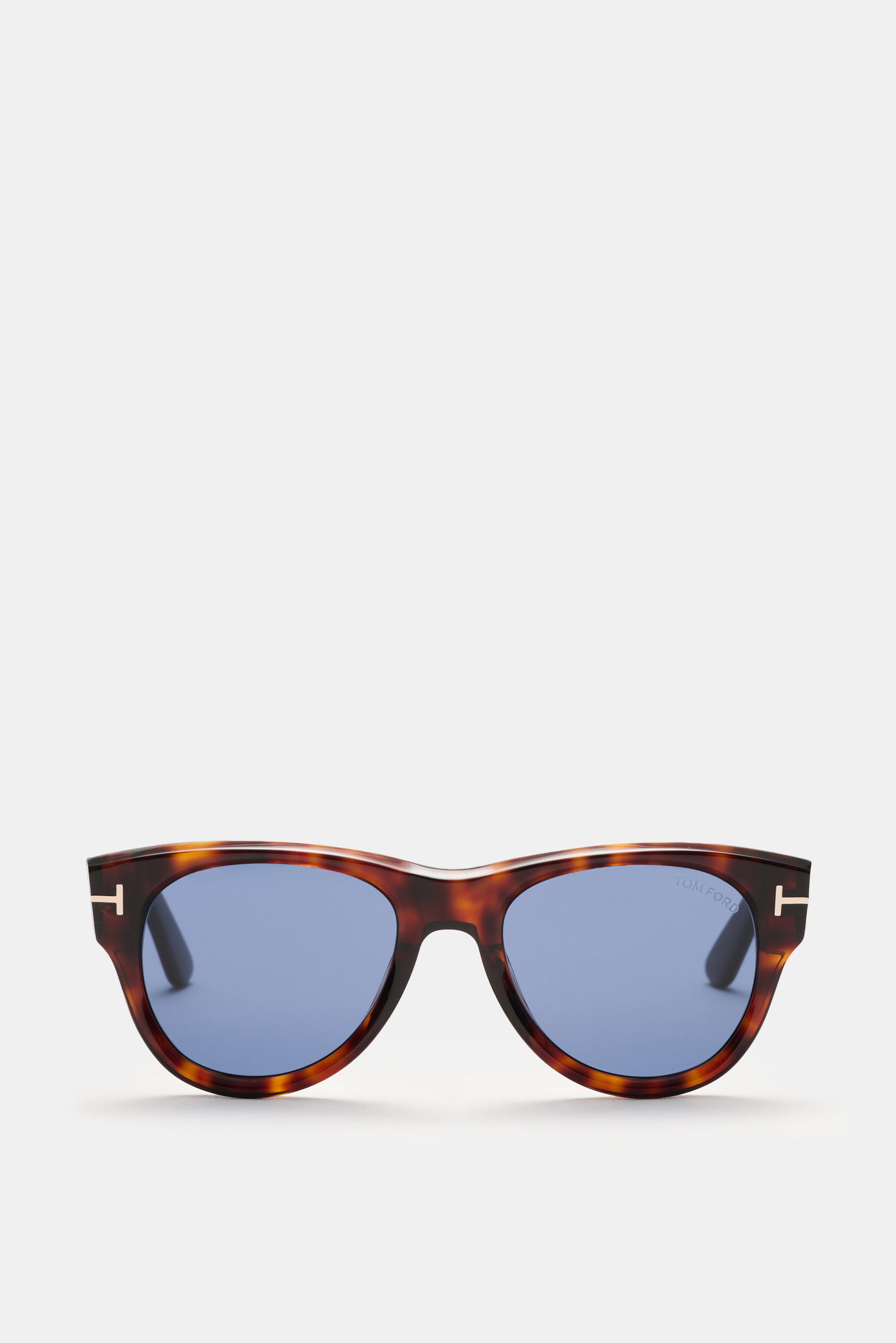 Tom Ford Sonnenbrille 'Burton' dunkelbraun meliert, frontal fotografiert, leicht gerundete Acetatfassung, blaue Kunststoffgläser, UV-Schutz.