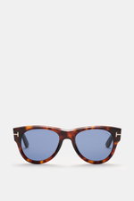Tom Ford Sonnenbrille 'Burton' dunkelbraun meliert, frontale Nahaufnahme, leicht gerundete Acetatfassung, blaue Kunststoffgläser, UV-Schutz.