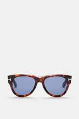 Tom Ford Sonnenbrille 'Burton' dunkelbraun meliert, frontale Nahaufnahme, leicht gerundete Acetatfassung, blaue Kunststoffgläser, UV-Schutz.
