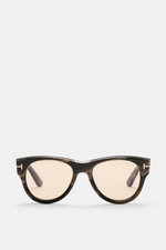 Tom Ford Sonnenbrille 'Burton' schwarz/braun/beige gemustert, leicht gerundete Silhouette, Acetatrahmen, photochrome Gläser, Frontansicht, 100% UV-Schutz.