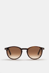 Tom Ford Sonnenbrille 'Andrea' dunkelbraun gemustert/braun, runde Silhouette, Verlaufsgläser, leichter Acetat-Rahmen, frontale Ansicht.