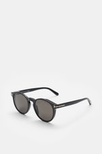 Tom Ford Sonnenbrille 'Ian' schwarz/grau, stilvoller Allrounder mit klassischer Notched-Bridge, Acetat-Rahmen, gleichmäßig getönten Gläsern, 100% UV-Schutz, seitliche Perspektive.